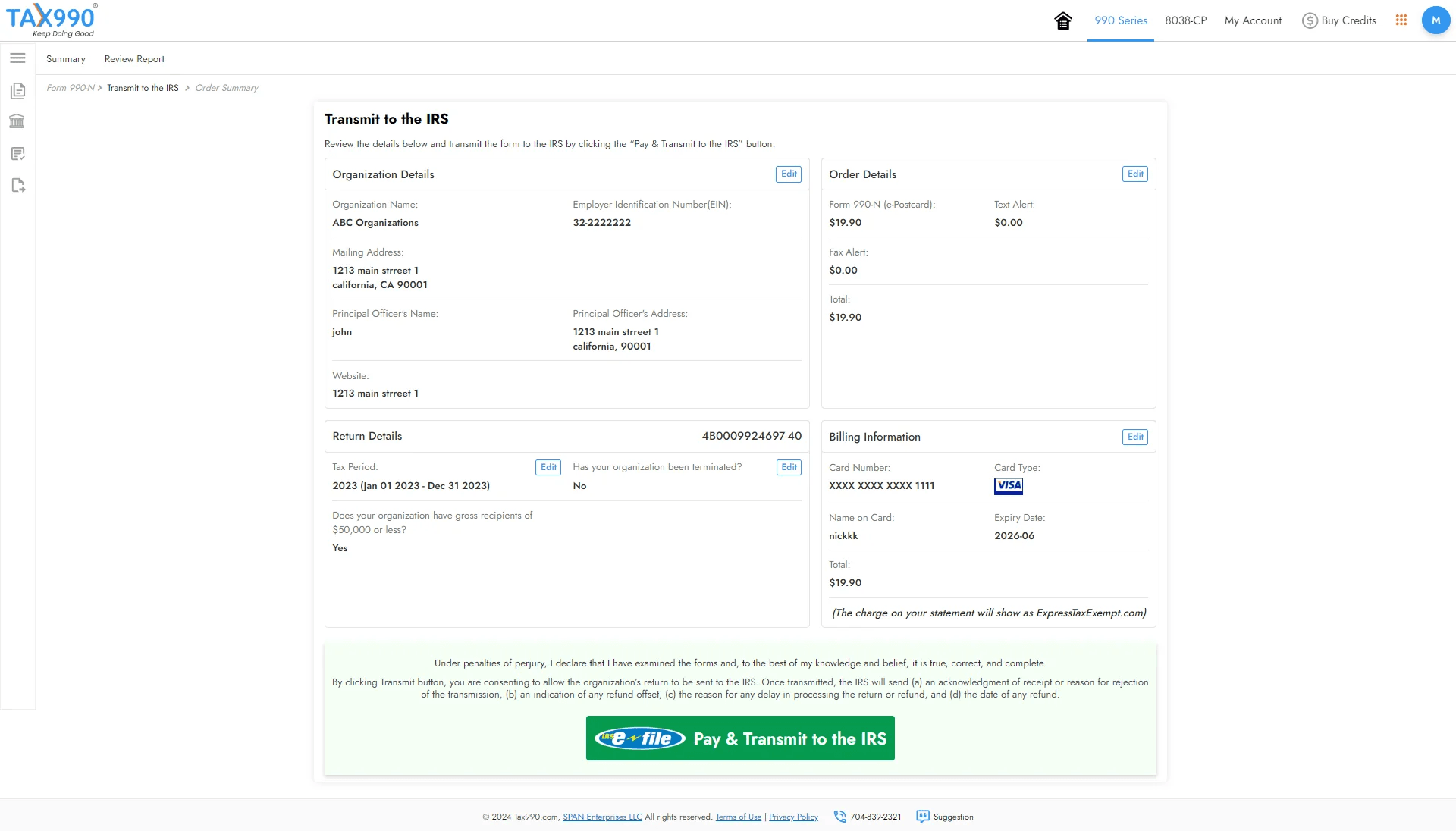 Review and Transmit it to the IRS